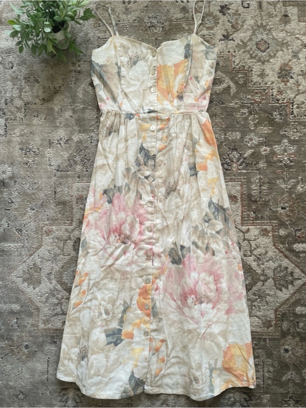 H&M Cream Floral Smocked Bust Midi Dress with Pink and Orange Accents - Picture 1 of 10